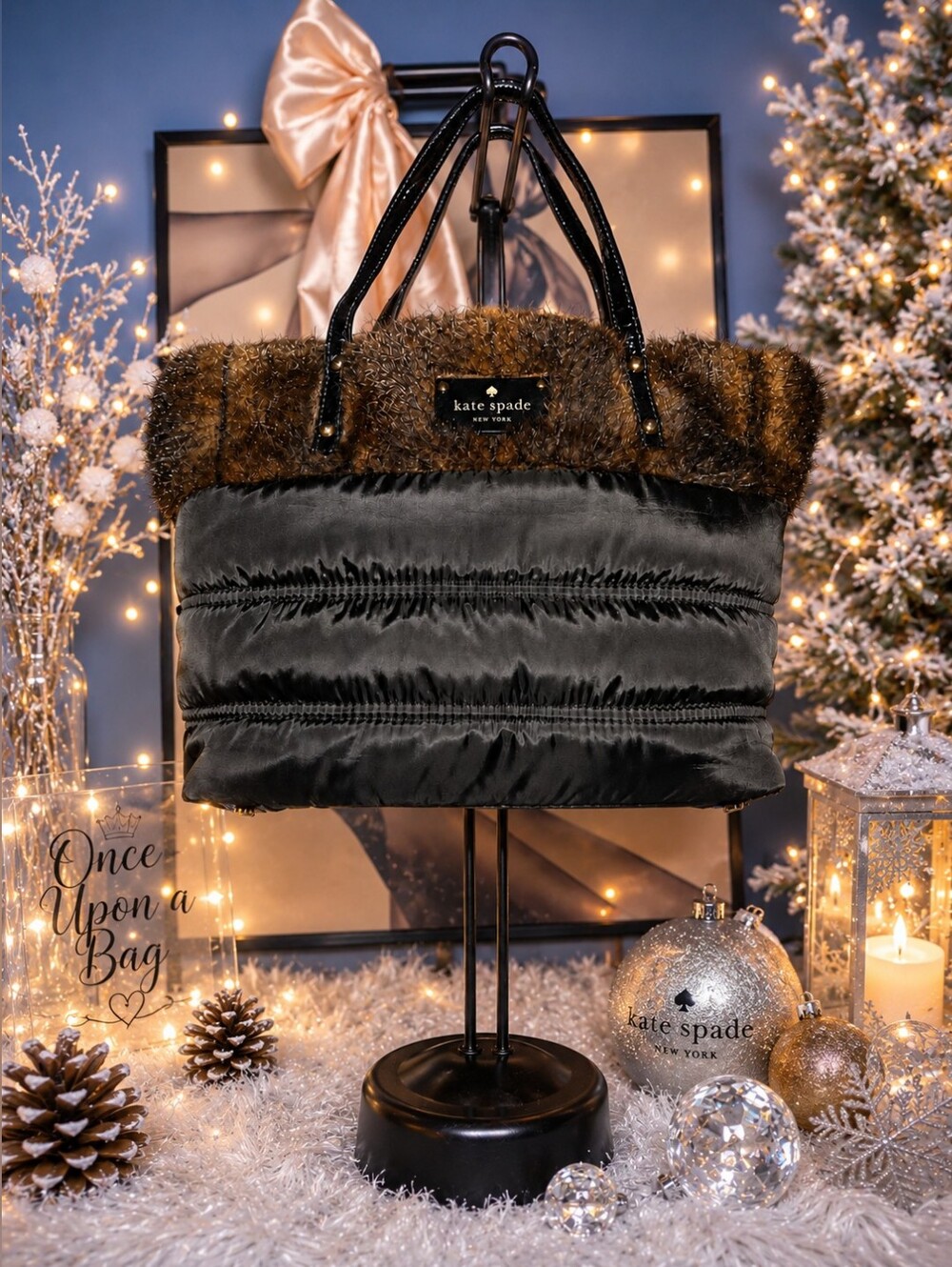 kate spade Black Tote with Brown Faux Fur Trim